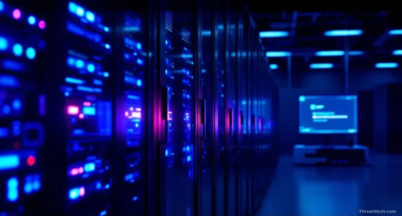 Full-frame photoreal editorial image of a dimly lit enterprise server room with rows of blue-lit rack units, one cabinet door open showing status LEDs, faint re