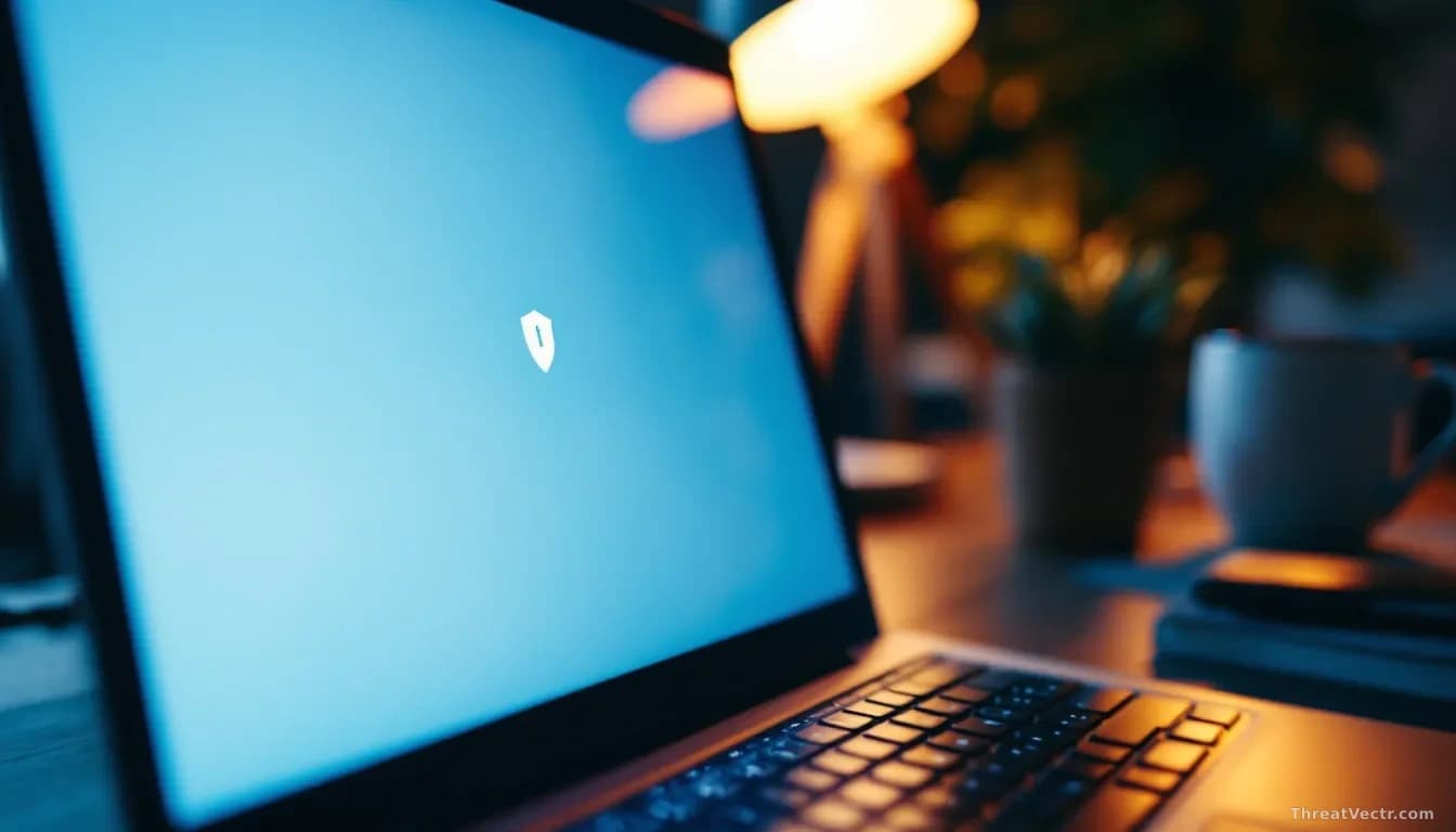 A close-up of a laptop screen glowing softly in a dim home office, showing an abstract blue Windows-style update progress bar and shield icon, no readable text