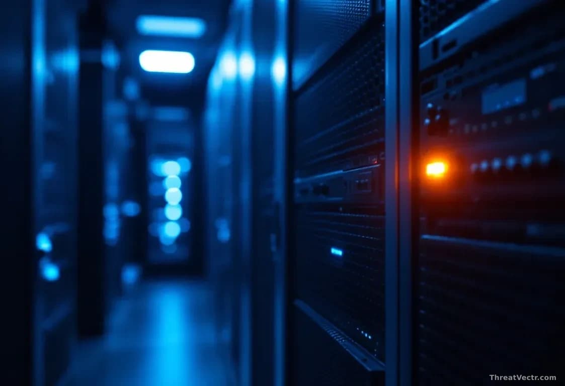 Photoreal editorial image of a dimly lit server room with rack-mounted enterprise servers, one status LED glowing amber, subtle blue ambient light, focus on cab