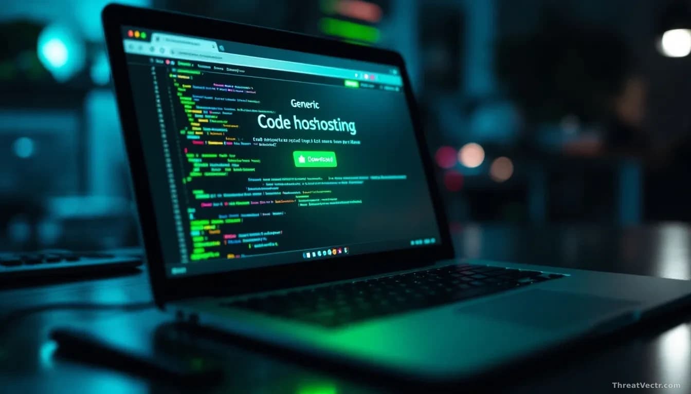 Full-frame photoreal editorial shot of a laptop screen showing a generic code-hosting website layout with a prominent green download button, glowing faintly, re