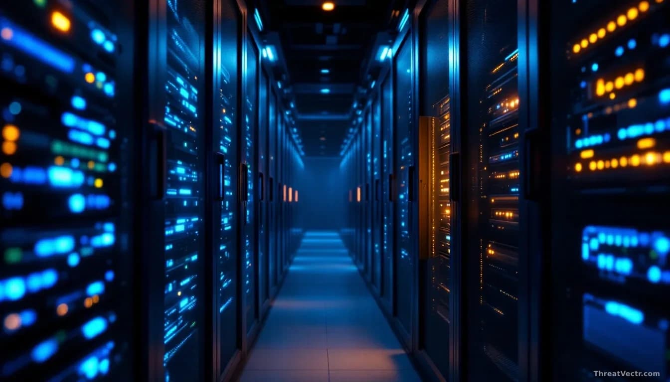 Full-frame photoreal editorial image of a dimly lit enterprise data centre aisle, rows of server racks with soft blue and amber status lights, one rack door sli