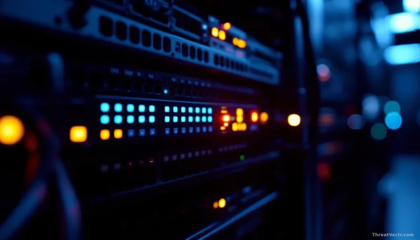 Photoreal news-editorial shot of a rack-mounted network security appliance in a dim server room, blue and amber status LEDs glowing, ethernet cables neatly bund