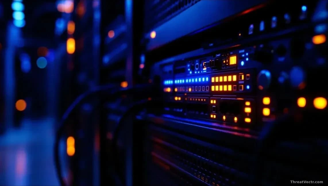 Full-frame photoreal editorial image of a rack-mounted network security appliance in a dimly lit server room, blue and amber status LEDs glowing, ethernet cable