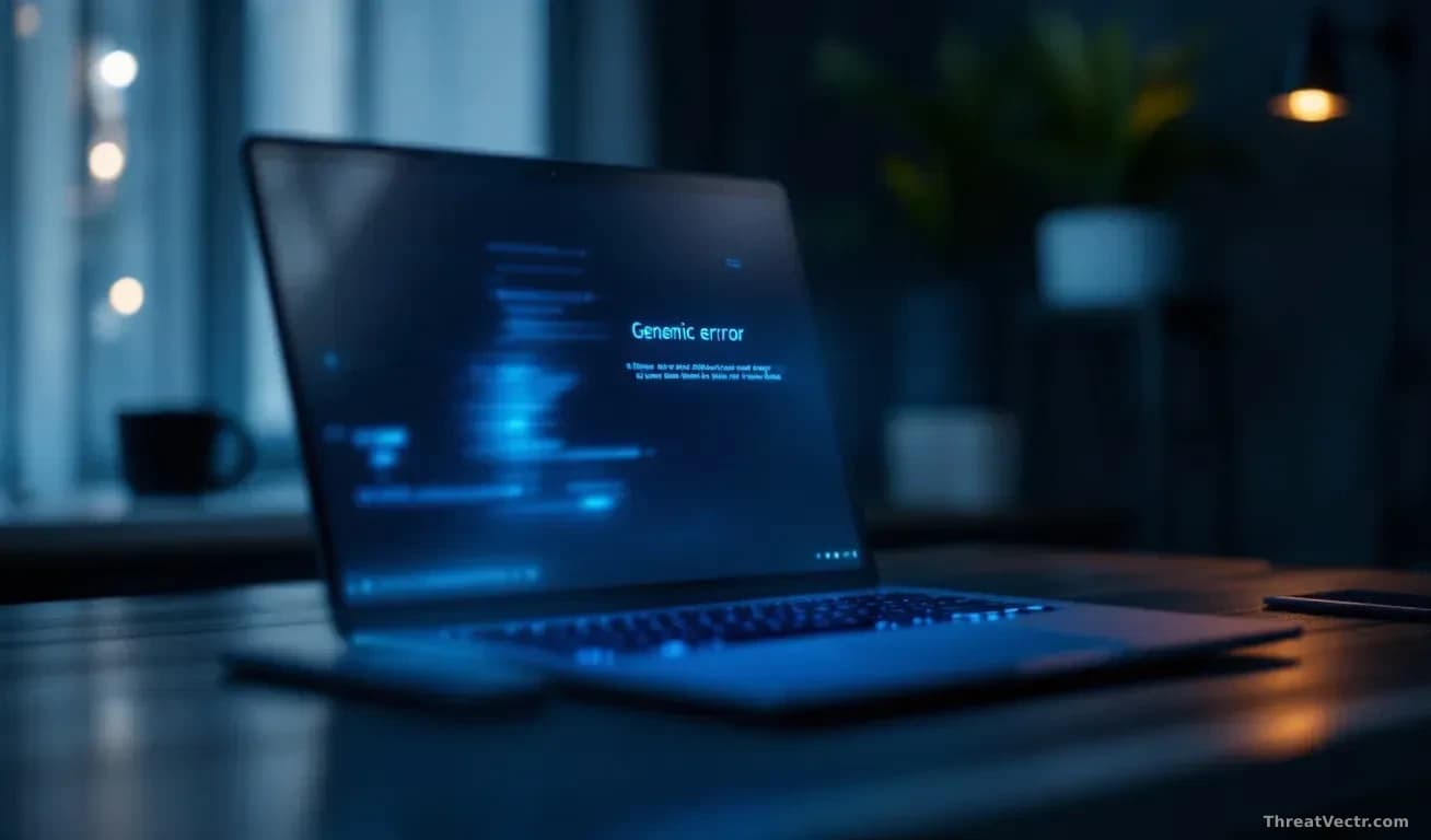 Full-frame edge-to-edge photoreal editorial shot of a modern silver ultrabook laptop on a dark desk, screen showing a generic blue error state with faint heat s