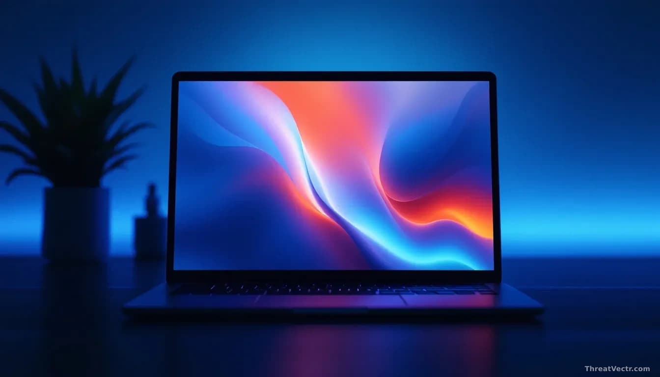 Full-frame photoreal editorial shot of a modern laptop on a dark desk, screen glowing with an abstract orange and blue browser update notification, soft depth o
