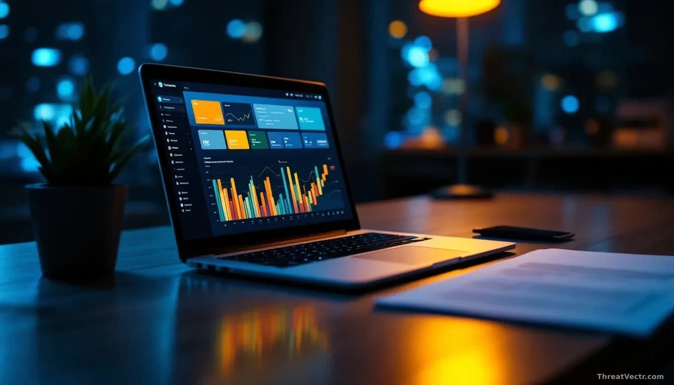 Full-frame edge-to-edge photoreal editorial shot of a clean modern government-style office desk at night, an open laptop showing an abstract dashboard of colour