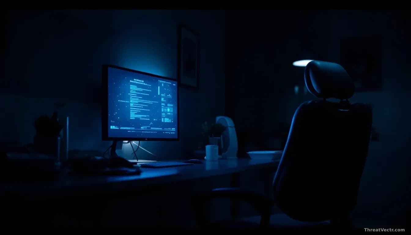 Photoreal editorial shot of a dim dental clinic reception at night, a single monitor glowing with an abstract terminal-style interface, empty chair, faint blue