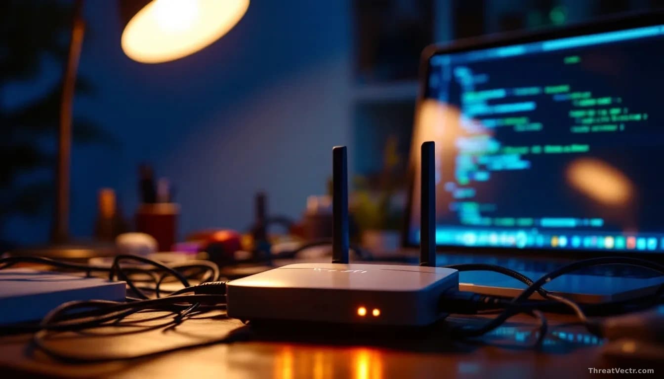 Full-frame photoreal editorial image of a cluttered desk with a small home Wi-Fi router glowing faintly, tangled ethernet cables, a laptop screen showing lines