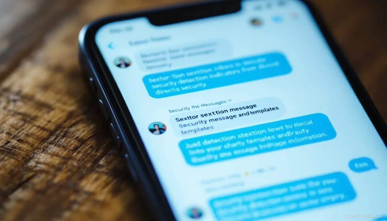 A social media feed displayed on a smartphone screen with repeated identical sextortion message templates visible in direct messages, while security detection i