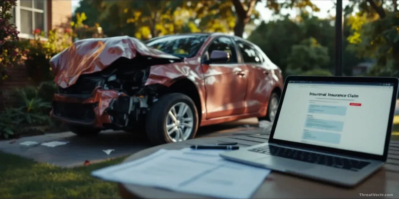 A damaged car parked in an Australian suburban driveway with an insurance claim form visible on a nearby table, and a laptop showing fraudulent insurance commun
