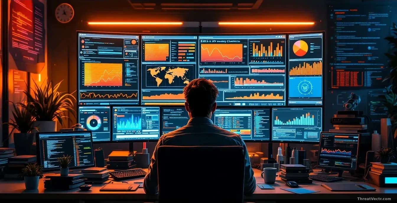 A security team's workspace with AI vulnerability scanning dashboards displaying an overwhelming flood of newly discovered flaws, while confused engineers look