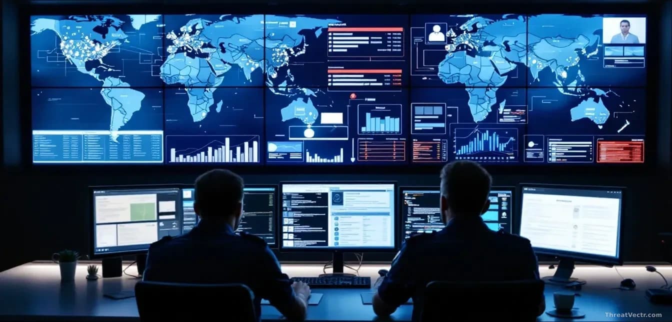 A Spanish police command centre with officers coordinating across multiple screens showing international network maps, bank accounts, and fraudulent email templ