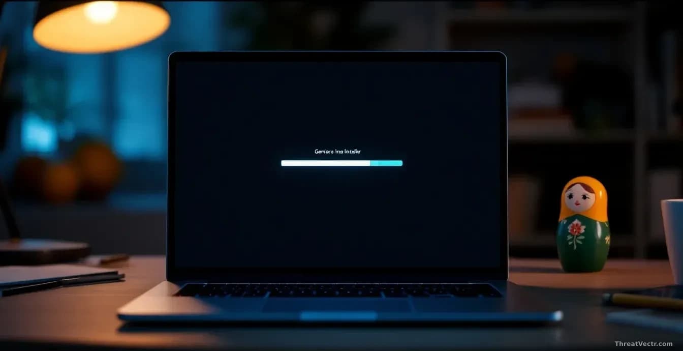 Photoreal editorial shot of a laptop screen showing a generic software installer progress bar in a dim home office, warm desk lamp glow, a small out-of-focus Ru