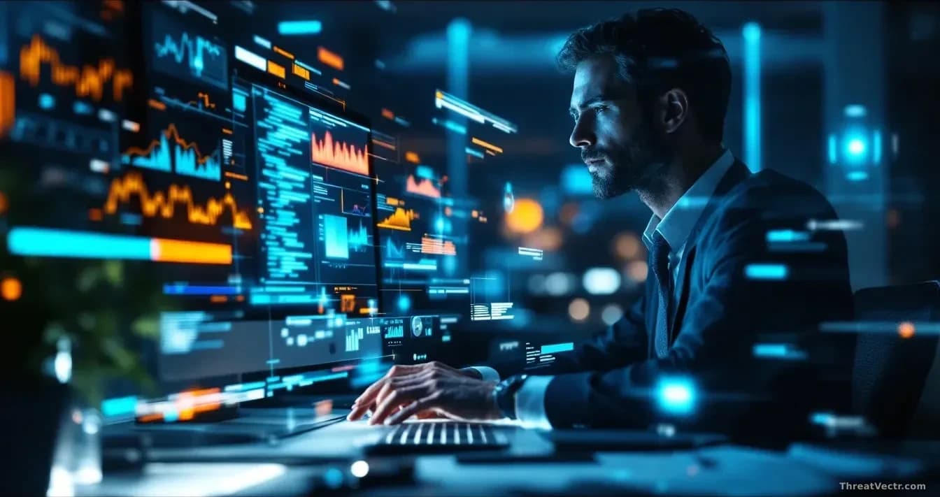 A corporate executive's desk with a computer screen glowing in the background, while AI analysis data and compiled dossier information appear as ghostly overlay