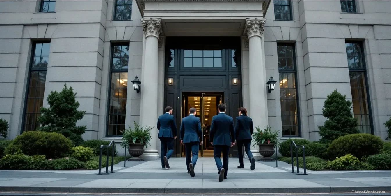 An official government building with cybersecurity researchers and technology professionals entering through the front doors for a formal briefing, representing