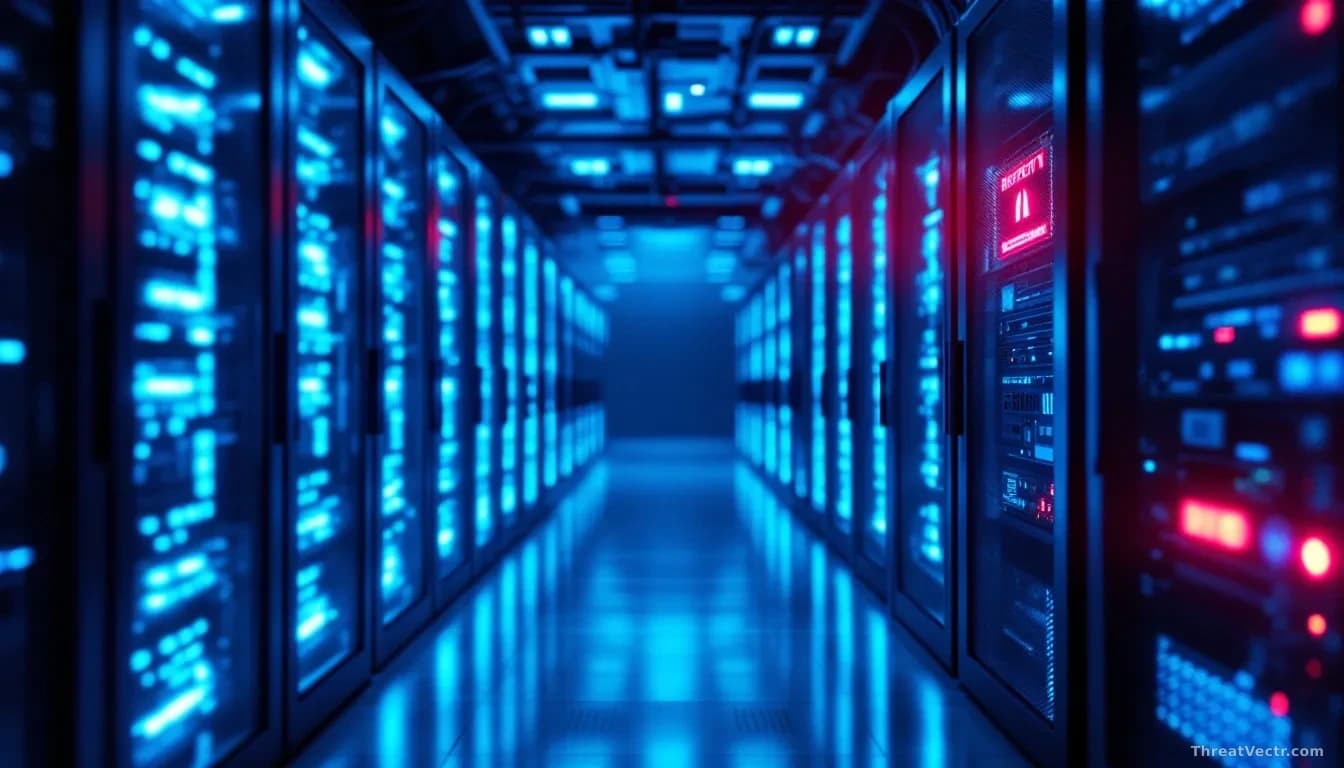 Full-frame photoreal editorial image of a dimly lit corporate server room with rows of blue-lit racks, a soft red warning glow pulsing from one rack indicating