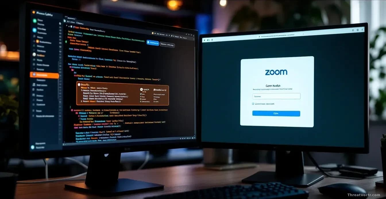 A computer monitor split into two sections, one showing Splunk's interface with vulnerability indicators, the other showing Zoom's login screen, both with patch