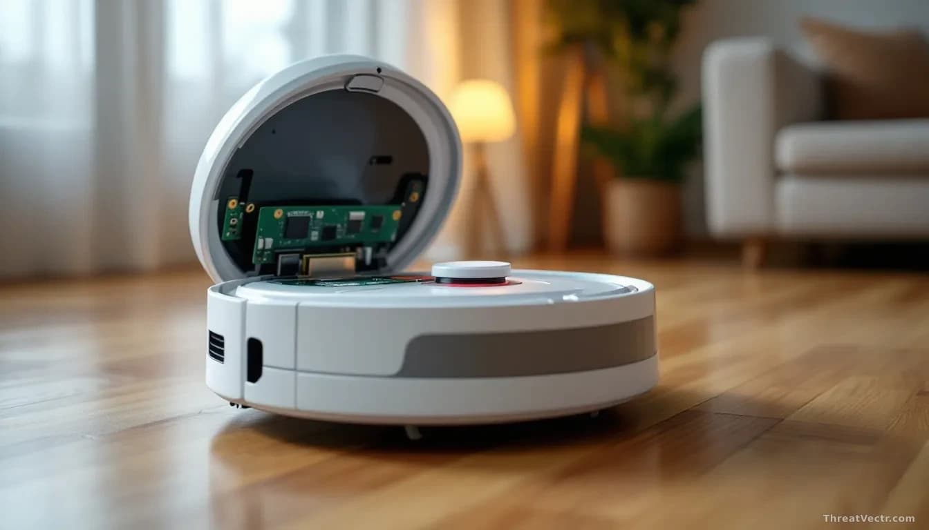 A modern white robot vacuum cleaner sitting on a wooden living room floor, its top cover removed to expose a green circuit board and a small memory chip, warm d