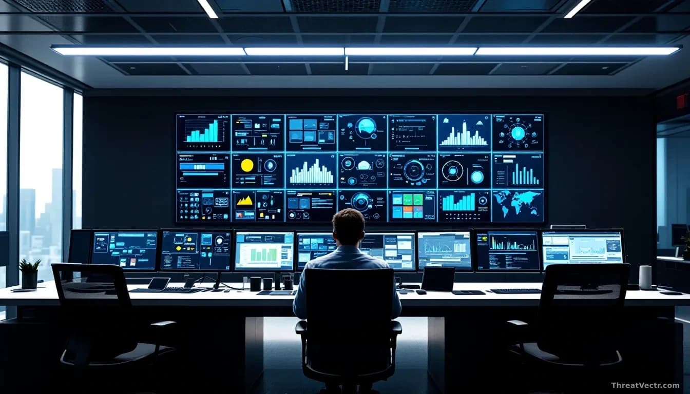 A corporate security operations centre with multiple workstations unified under one dashboard system, displaying consolidated views of all identity access point