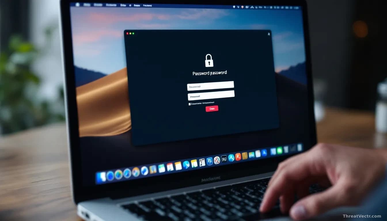 A MacBook screen displaying a convincing popup dialog asking for password entry, with the background showing a locked desktop state, while the user's hand hover