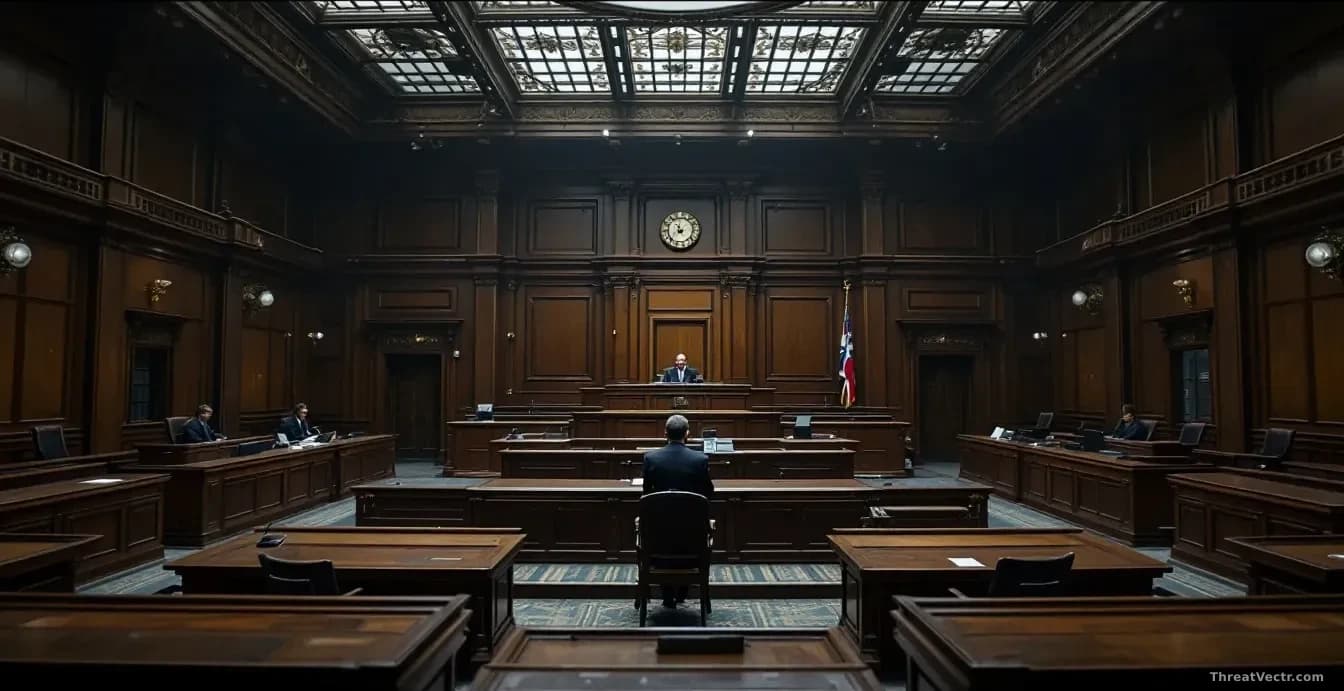 A UK courtroom interior with the judge's bench and witness stand visible, austere and formal, representing the conclusion of a major cybercrime case