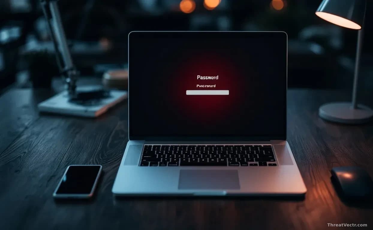 Full-frame overhead view of a modern silver laptop on a dark wooden desk, screen showing a blurred generic system password dialog with a red warning glow, apps