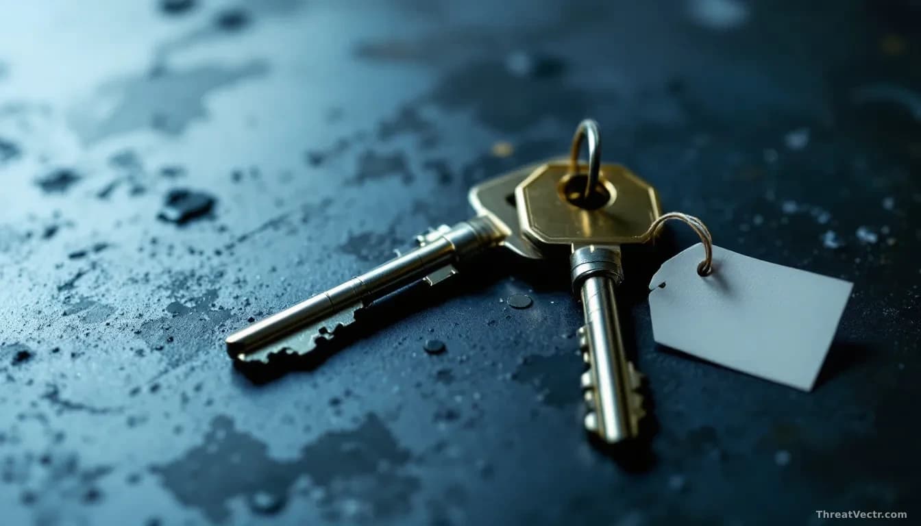 Full-frame photoreal editorial image of two identical brass keys resting on a dark steel surface under a single overhead light, each key tagged with a small bla