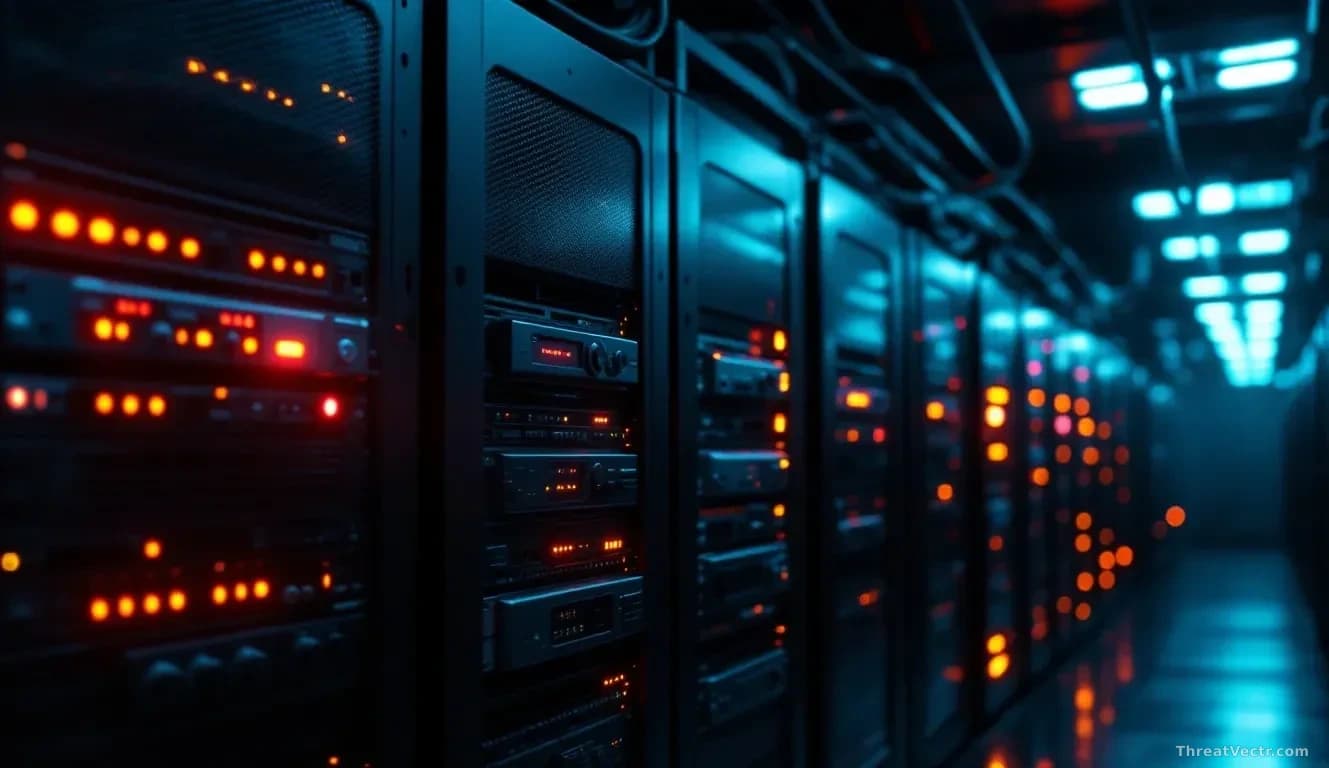 Photoreal editorial shot of a dimly lit server room with rack-mounted network security appliances, blinking amber status lights, cables running along the ceilin