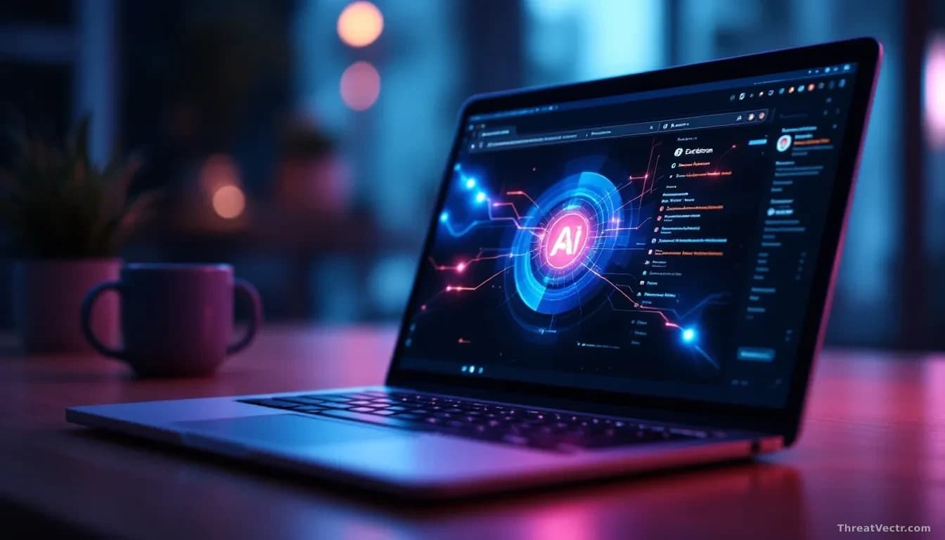 Full-frame edge-to-edge photoreal news-editorial image of a modern laptop screen showing an abstract browser window with a glowing extension icon in the toolbar