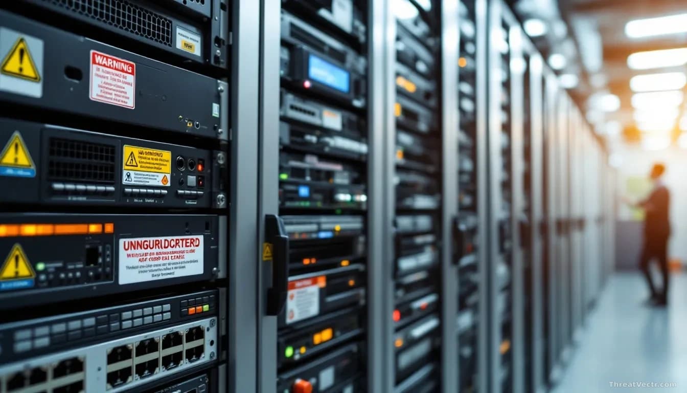 Network infrastructure equipment racks in a critical infrastructure facility with security seals and warning labels, some devices showing signs of unauthorized