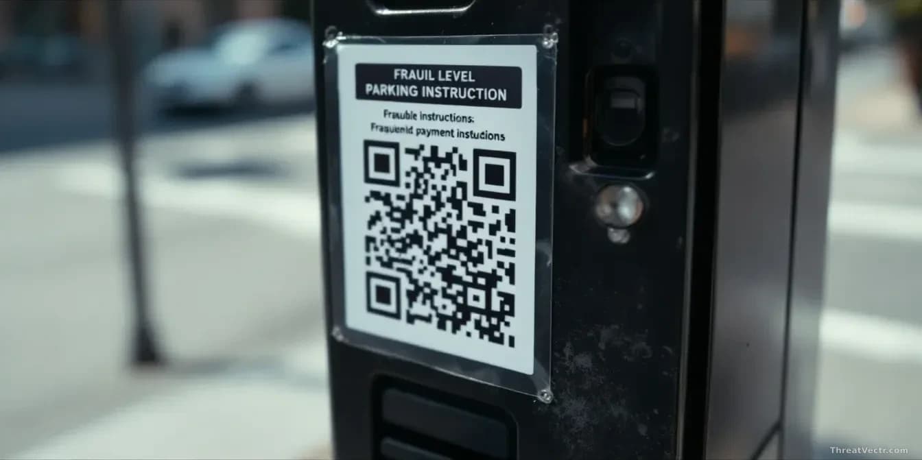A street-level parking meter with fraudulent QR code stickers overlaid on the original payment instructions, natural daylight revealing the deception