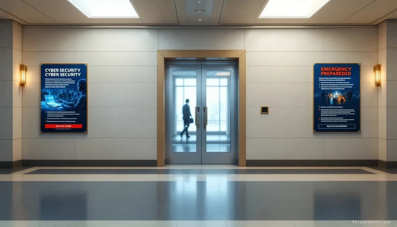 A government building entrance with public information posters being installed on the walls, depicting cyber-security and emergency preparedness messages for ci