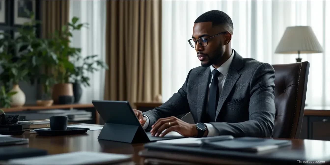 An executive seated at a mahogany desk using an AI chatbot application on their personal tablet while their security-compliant desktop sits unused beside them