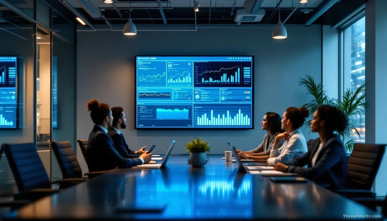 A London office conference room where professionals review security audit reports displayed on a large wall-mounted screen, collaborative workspace suggesting n