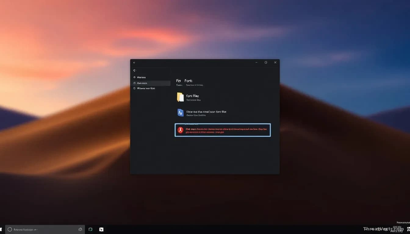 A Windows desktop displaying a folder of font files, one file highlighted with a suspicious icon, with malware detection warnings appearing in the system tray