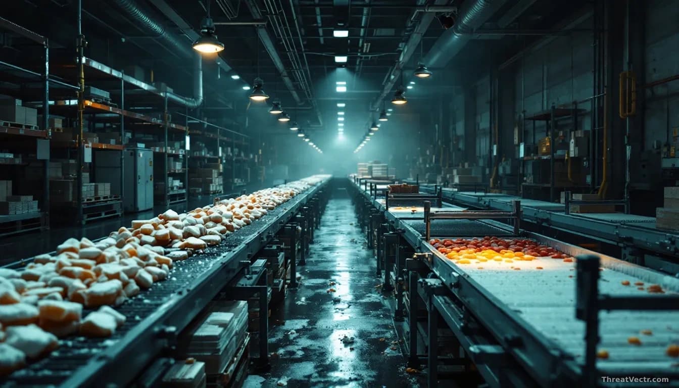 An industrial frozen food warehouse with conveyor systems and storage racks, dimly lit with security cameras mounted in corners, suggesting the scale of disrupt