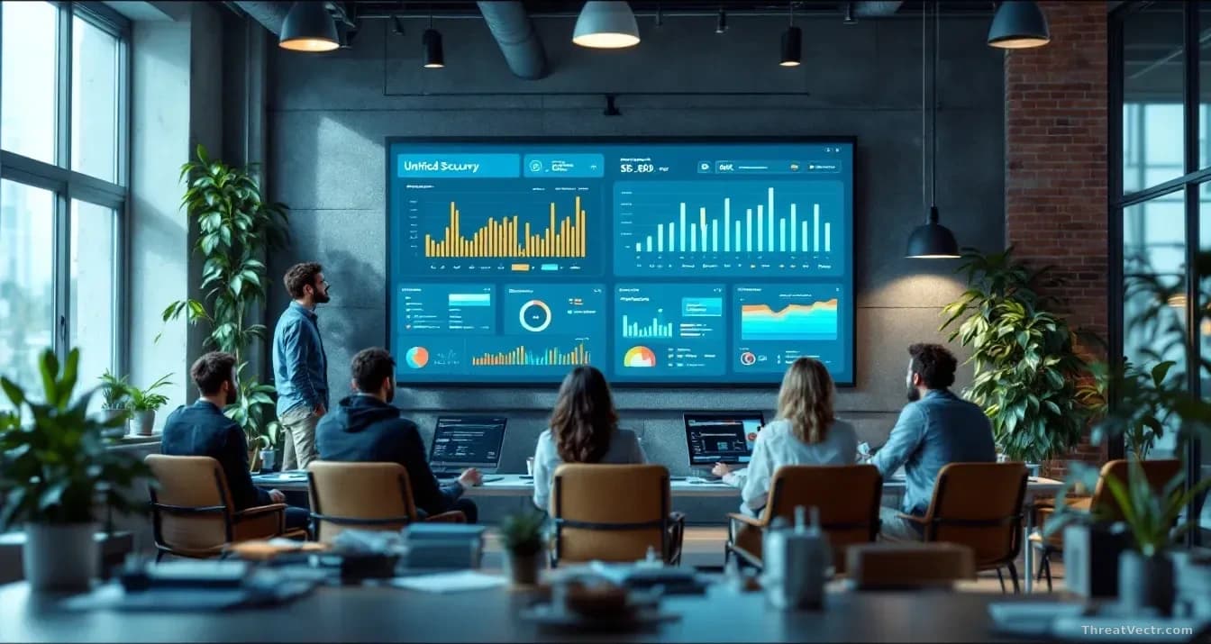 A tech startup office space with young professionals gathered around a large monitor displaying a unified security data dashboard, natural light streaming throu
