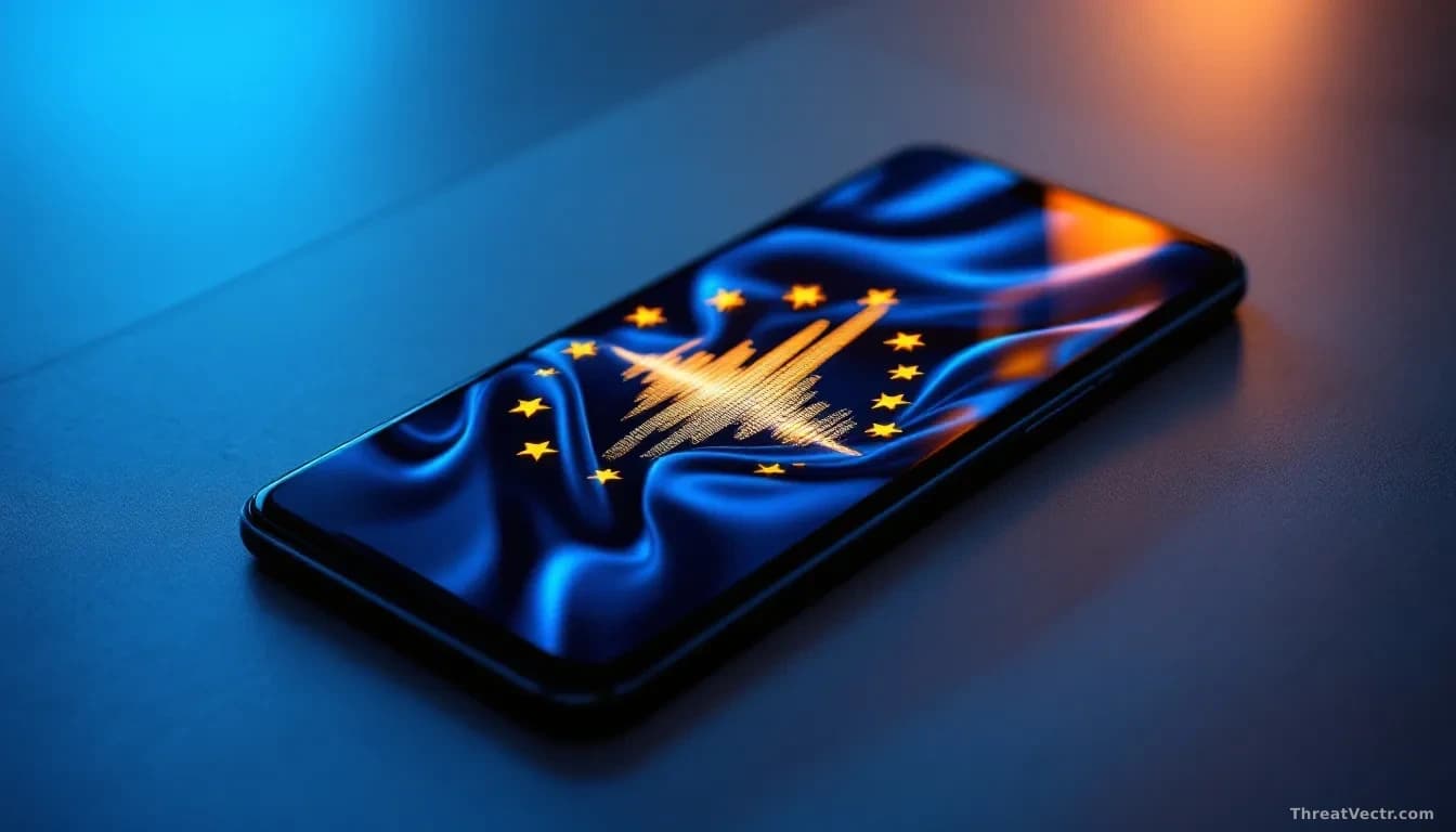 Photoreal editorial shot of a modern Android smartphone lying on a matte grey desk, screen glowing with an abstract voice-waveform graphic, the twelve gold star