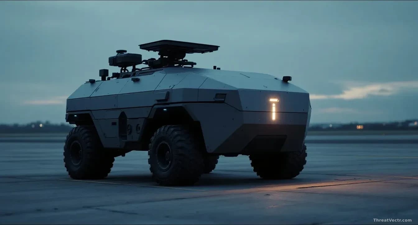 Full-frame photoreal editorial image of a matte-grey autonomous military ground vehicle parked on a concrete airfield at dusk, sensor array on top, faint blue d