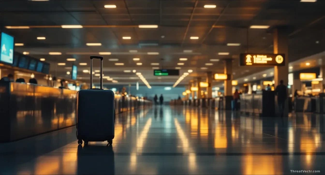 Full-frame photoreal editorial shot of an empty airport departure hall at dusk, warm sodium lighting on polished floors, a lone abandoned rolling suitcase near