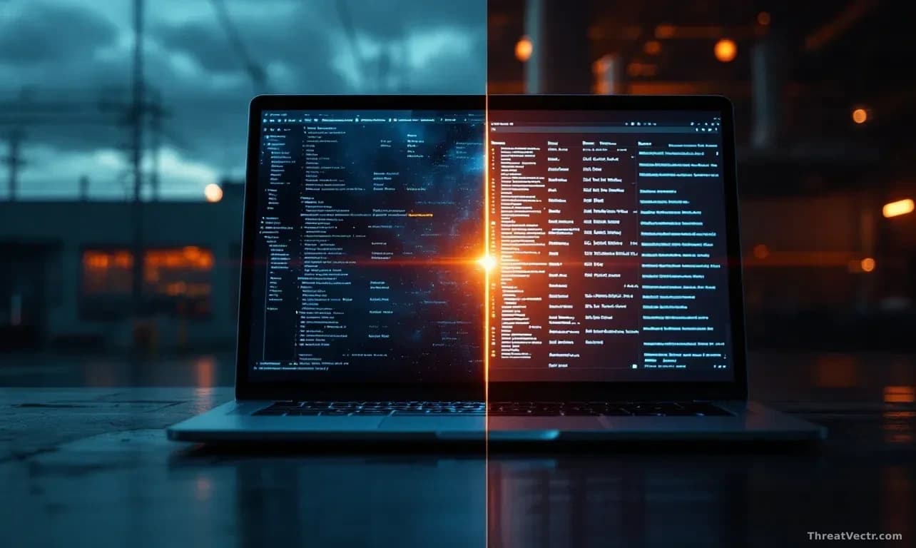 Split-frame composition showing a defense contractor's facility exterior in one half and a laptop displaying stolen data files in the other, unified by dramatic
