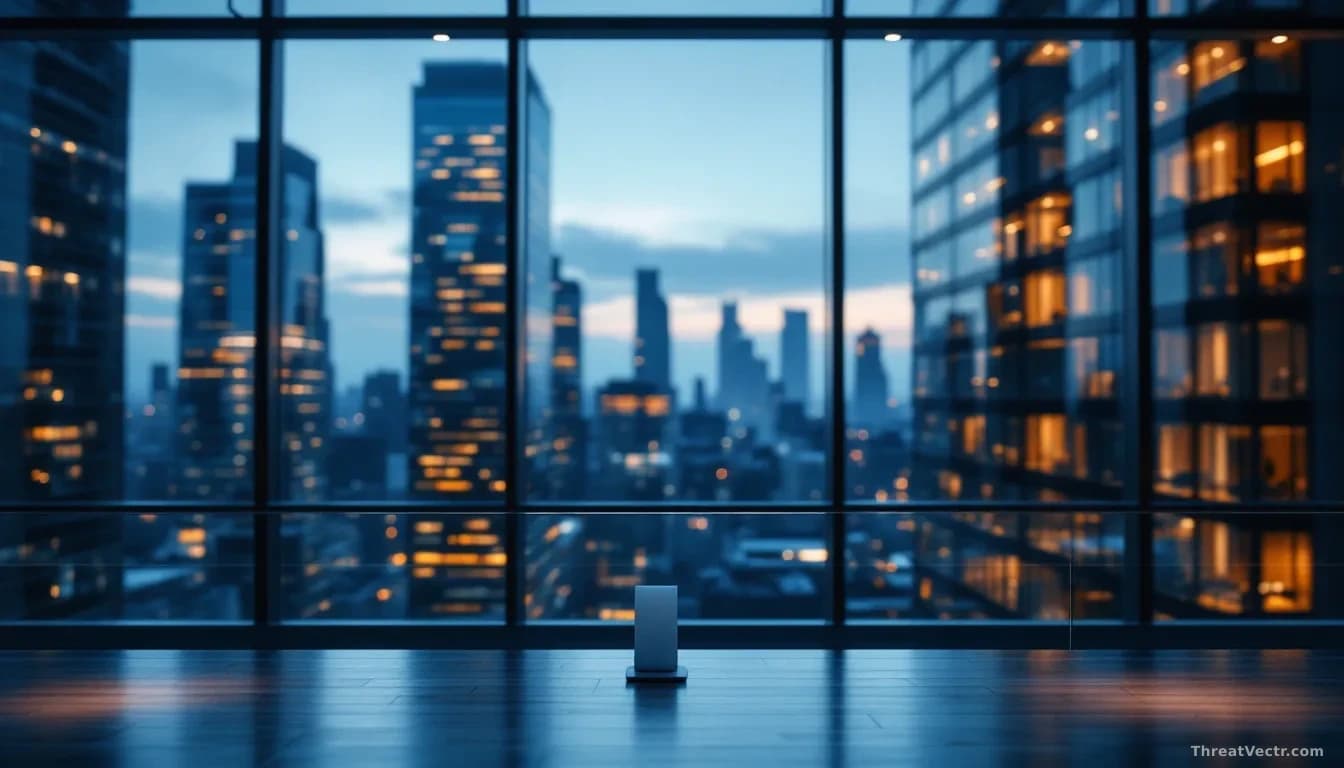 A modern glass office tower at dusk with warm interior lights on upper floors, reflecting a muted city skyline