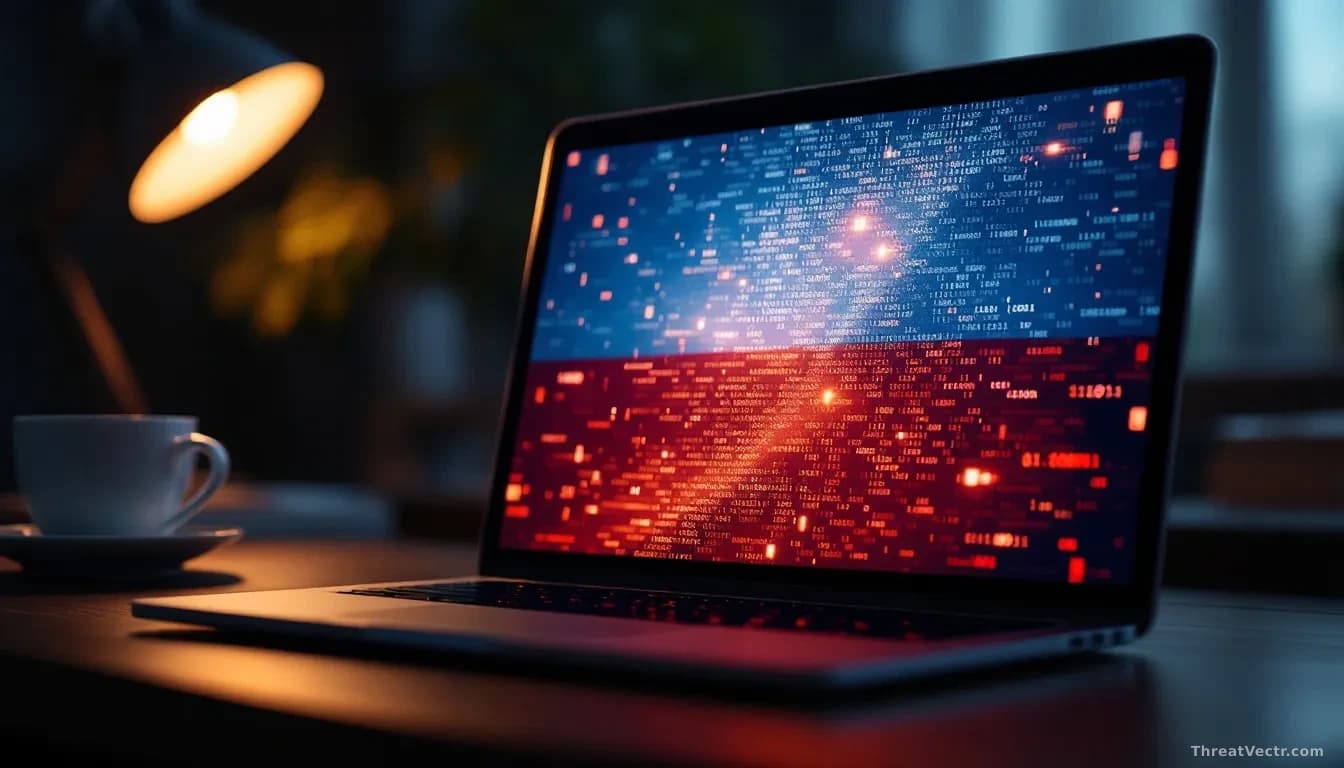 Full-frame photoreal editorial shot of a laptop screen showing an abstract national flag image rendered in soft focus, with faint hexadecimal code faintly visib