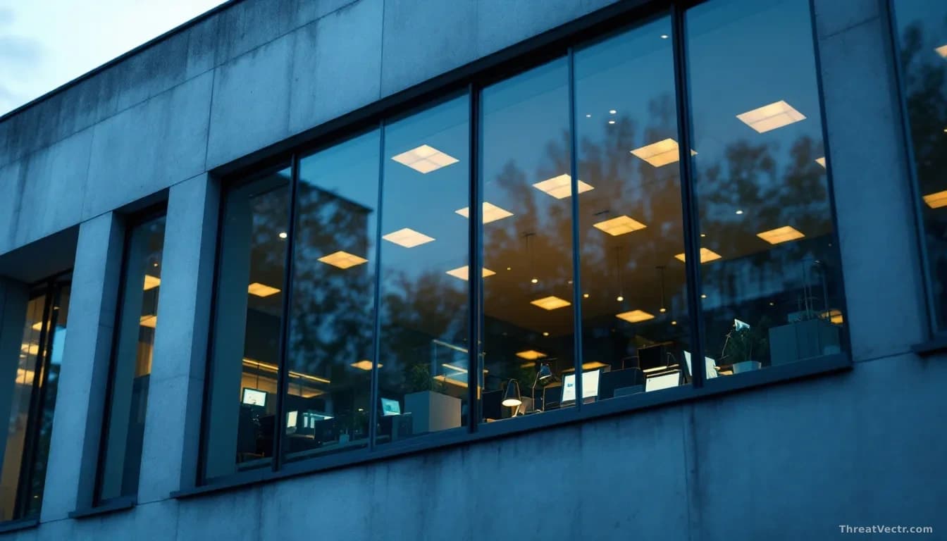 A government building's exterior with its IT department visible through windows on an upper floor, desks with computer monitors glowing, suggesting discovery of