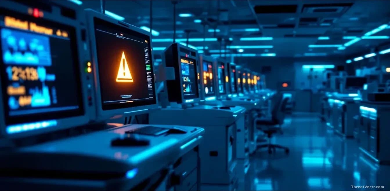 Photoreal editorial shot of a modern medical diagnostics laboratory at night, rows of automated testing machines lit by cool blue LEDs, a single unattended moni