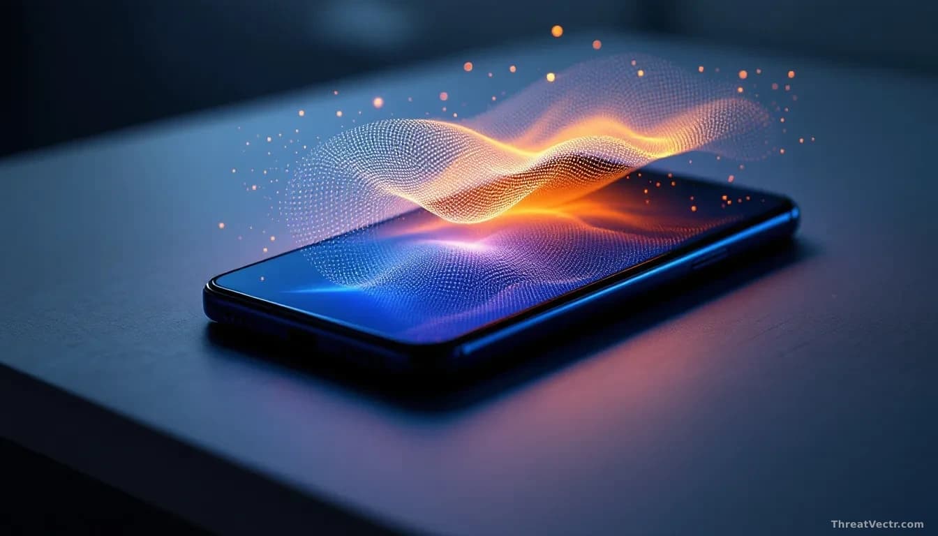 Full-frame edge-to-edge photoreal editorial shot of a modern smartphone lying flat on a matte grey desk, front camera glowing softly, with a faint abstract mesh