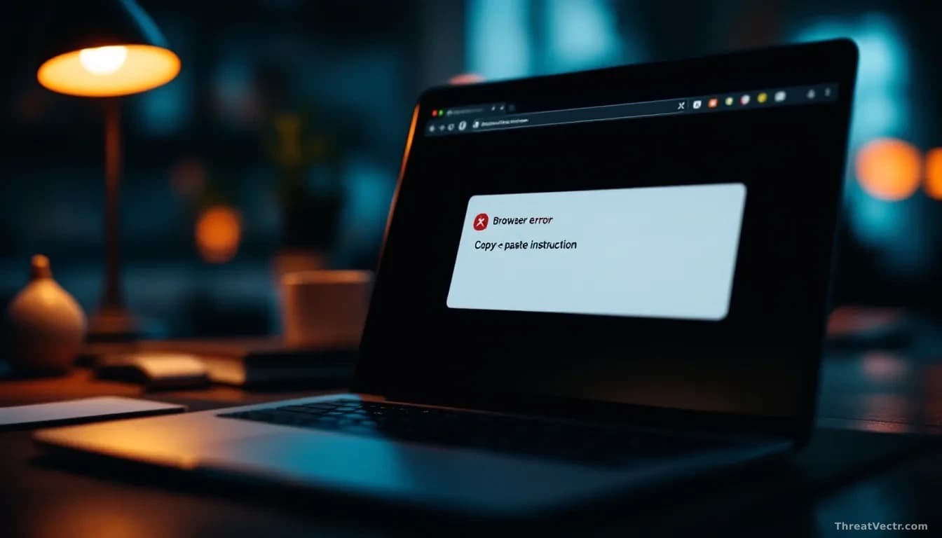 Full-frame close-up of a laptop screen showing a fake browser error dialog with a copy-paste instruction box, warm desk lamp light, blurred office background, m