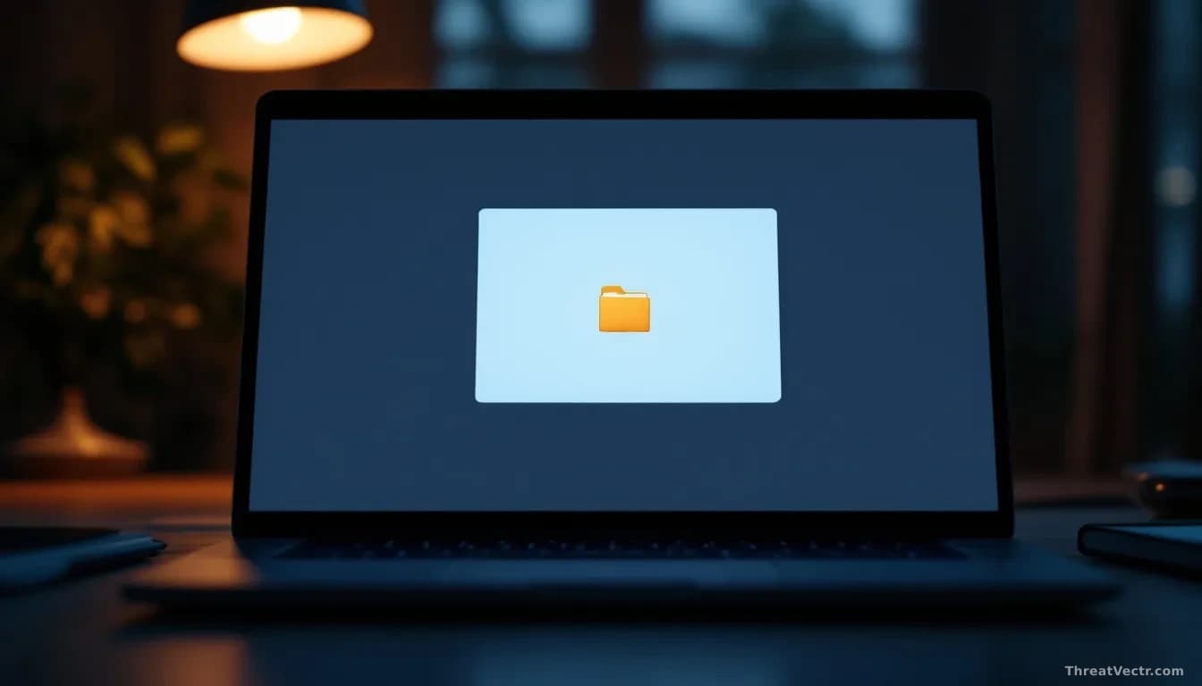 Full-frame photoreal editorial shot of a laptop screen showing a generic file-archive dialog with a compressed folder icon highlighted, warm desk lamp light, ou