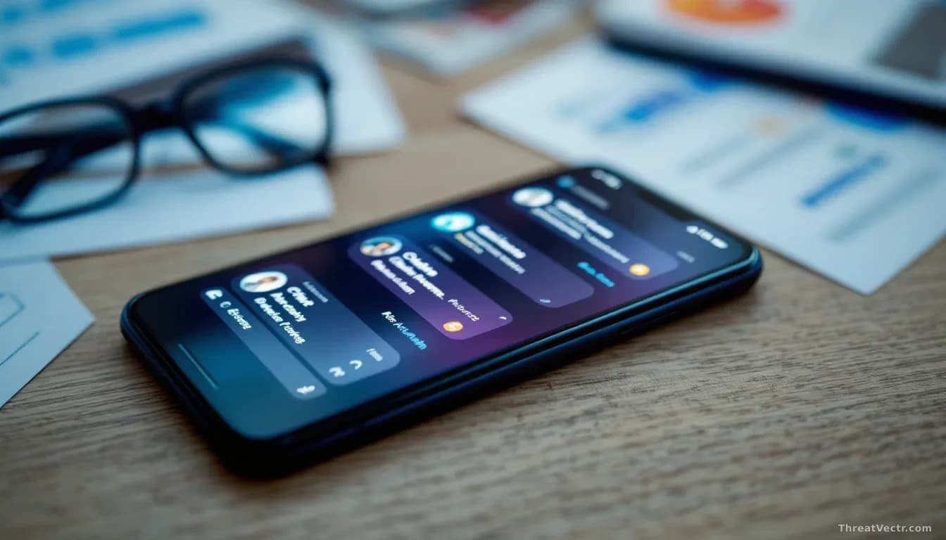 A smartphone screen displaying encrypted chat messages and contact lists, positioned on a desk next to scattered documents and a pair of reading glasses, shot f