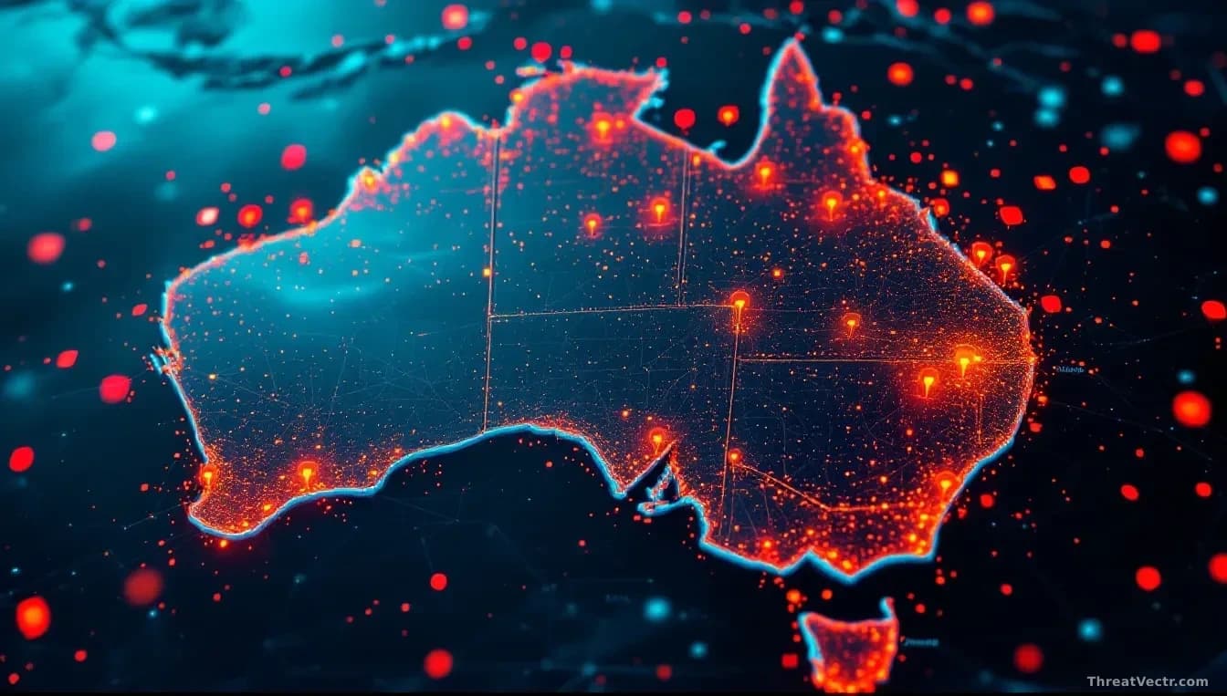 A map of Australia highlighting Sydney, Melbourne, and Canberra with clinic locations marked, overlaid with data breach indicators and stolen medical records vi